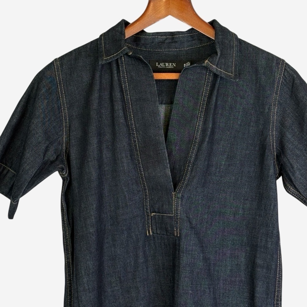Lauren Ralph Lauren Denim Shift Shirt Dress Size XS Short Sleeve Dark Blue Wash - Picture 4 of 12